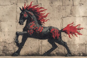 Black and red street art horse painted on a textured concrete wall, bold graffiti illustration symbolizing the Year of the Fire Horse with fiery mane and dynamic urban style