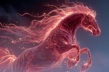 Luminous red horse made of swirling light patterns leaping through a glowing night sky, ethereal fantasy artwork embodying the Year of the Fire Horse with radiant flowing energy