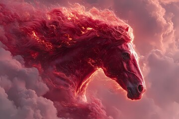 Fiery red horse emerging from glowing clouds with luminous mane, dramatic fantasy illustration symbolizing the Year of the Fire Horse in radiant warm celestial tones