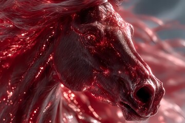 Glowing red horse with shimmering molten-like texture in dramatic close-up, luminous abstract energy portrait representing the Year of the Fire Horse in vivid sparkling tones