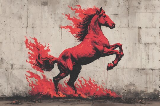 Flaming red horse graffiti rearing above burning ground on a worn concrete wall, intense urban street art symbolizing the Year of the Fire Horse with bold energetic flames