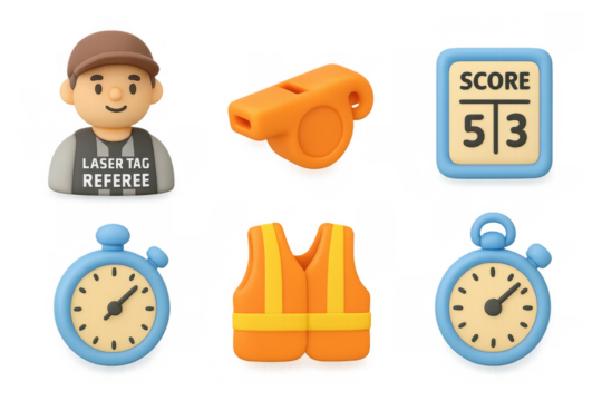 Laser tag game icons collection featuring referee, whistle, score, stopwatch, and vest