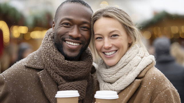 Joyful couple enjoying hot drinks at a festive winter market