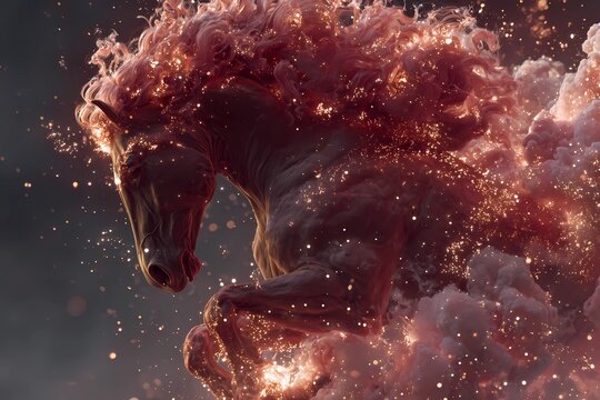 Blazing red fantasy horse emerging from swirling smoke and glowing sparks, dramatic mystical creature symbolizing the Year of the Fire Horse in radiant celestial motion