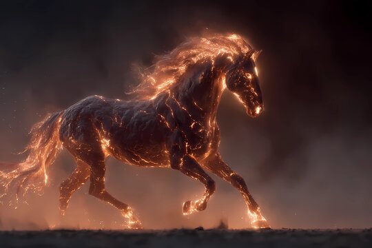 Glowing molten fire horse galloping through swirling mist, dramatic fantasy creature blazing with radiant sparks and symbolizing the Year of the Fire Horse in powerful luminous form