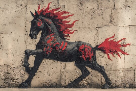 Black and red street art horse painted on a textured concrete wall, bold graffiti illustration symbolizing the Year of the Fire Horse with fiery mane and dynamic urban style