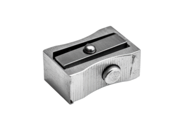 A sturdy, silver metal pencil sharpener, featuring a sharp blade for precise pencil points, presented on a dark transparent background. background removed