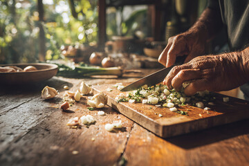 Preparing fresh vegetables on a wooden cutting board in a cozy kitchen during the day