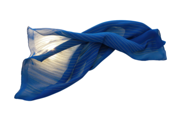 A vibrant blue, striped sheer fabric, possibly a scarf, elegantly draped and illuminated by a bright light source, creating dynamic shadows and highlights. background removed
