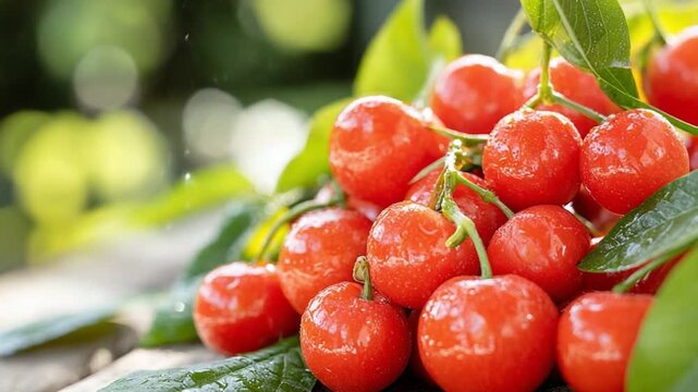 Cherry Bonanza: A close-up shot of vibrant cherries and fresh leaves, capturing the essence of the season.