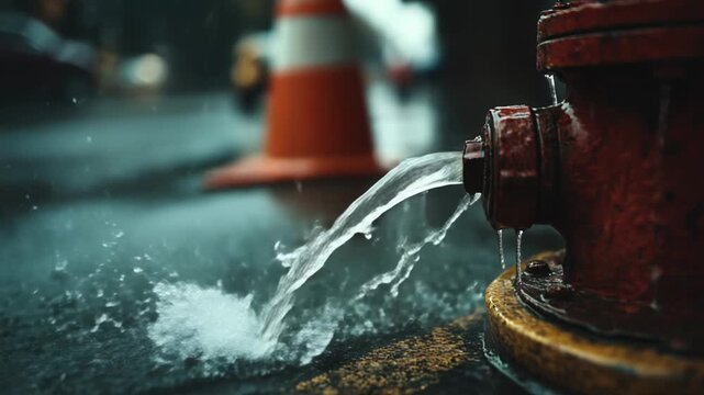 Water flows from fire hydrant, creating splashes on wet pavement, camera zooms in for detail