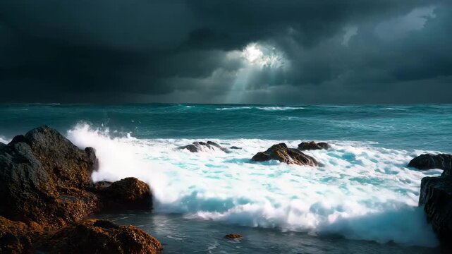 Dramatic ocean waves crash against rocky shore under stormy skies - Powered by Adobe