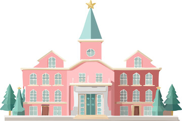 Fototapeta premium pastel pink christmas building with festive decorations and trees