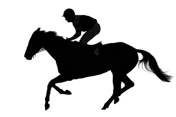Silhouette of a racehorse and jockey in full gallop, showcasing the dynamic action and speed of equestrian competition, with number four visible. background removed