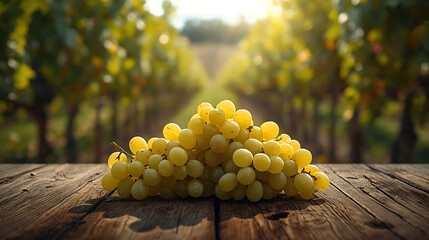 Sunlit grapes harvest on rustic wooden table