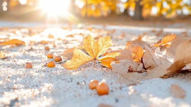 Golden Autumn's Embrace: An intimate capture of a single, vibrant yellow leaf nestled among a carpet of fallen leaves, kissed by the warm glow of the sun.