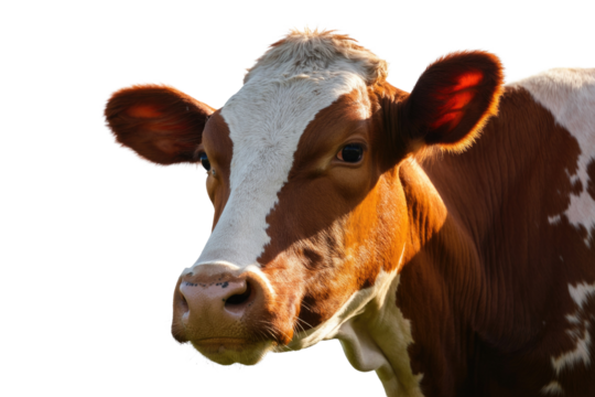 A close-up portrait of a brown and white cow with striking markings on its face, looking inquisitively forward against a vibrant transparent background. background removed