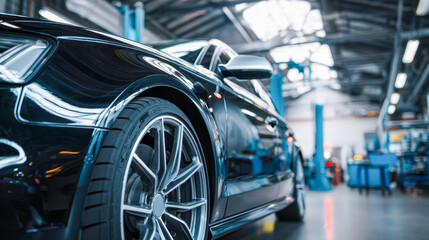 Black luxury sports car parked inside a spacious modern automotive workshop with tools and equipment in the background indicating vehicle maintenance or repair