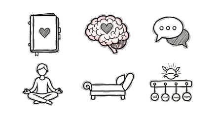 Hand drawn mental health icons: therapy, mindfulness, and emotion symbols