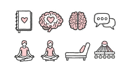 Mental health line art: meditation, counseling, and journaling icons in pink