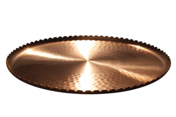 An elegant oval hammered copper tray with a decorative scalloped edge, showcasing a radiant sheen against a solid transparent background. background removed