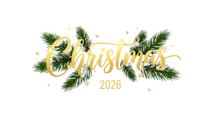 Elegant christmas 2026 greeting with gold script and evergreen branches