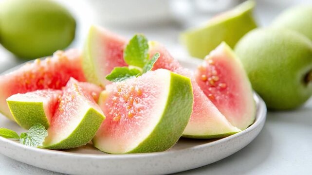 Fresh Guava Slices on Plate: Vibrant slices of juicy guava, a tropical fruit, arranged on a pristine plate, garnished with fresh mint, a tempting still life of healthy eating.