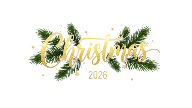 Elegant christmas 2026 greeting with gold script and evergreen branches
