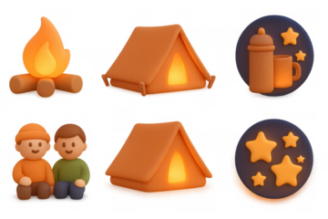Cozy camping icon set featuring tent, campfire, and nighttime elements for adventure-themed designs
