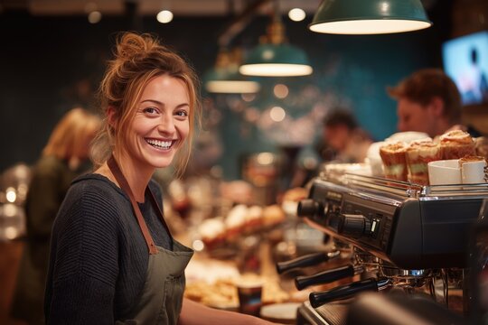 Smiling barista serving coffee in a cozy cafe with pastries and a vibrant atmosphere
