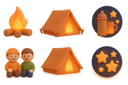 Cozy camping icon set featuring tent, campfire, and nighttime elements for adventure-themed designs