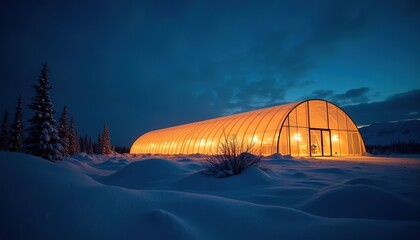Illuminated Modern Dome Greenhouse Architecture Structure Glowing at Twilight in Remote Arctic Winter Wilderness Landscape