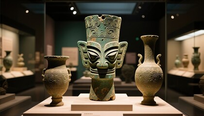 Ancient Chinese Bronze Ceremonial Mask and Decorative Pottery Vessels with Intricate Carved Patterns Displayed in Museum Archaeological Exhibition S