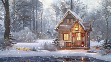 Cozy Wooden Winter Cabin in a Snowy Forest with Warm Lights, Falling Snowflakes
