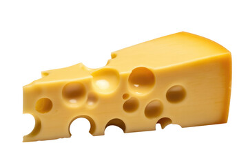 A golden yellow wedge of Swiss cheese featuring characteristic large holes, perfectly isolated on a solid transparent background, ready for design. background removed