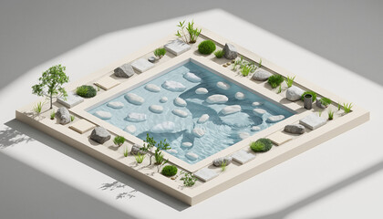 Serene zen garden with tranquil water feature and lush greenery, ideal for mindfulness promotion or relaxation concepts in spas and wellness centers