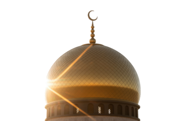 A brilliant golden mosque dome with a crescent, illuminated by sun rays, stands against a transparent background, showcasing Islamic architecture. background removed