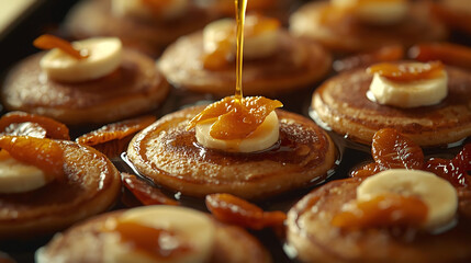 Golden syrup dripping over pancakes with fruit