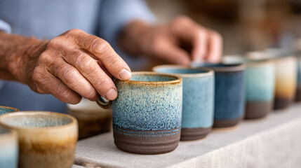 Artisan display of handmade ceramic mugs at market stall