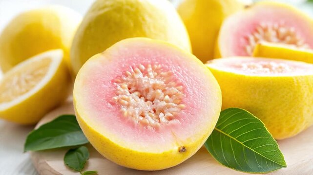 Vibrant Guavas Display: A colorful display of guavas, whole and cut, showcasing their smooth yellow skin and the soft pink flesh. A perfect symbol of tropical fruits.