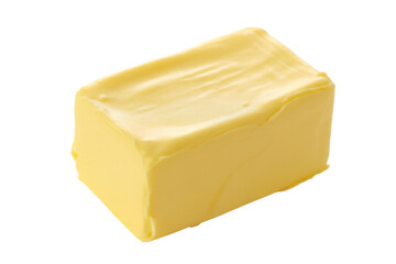 A rectangular block of rich yellow butter, slightly softened with a smooth, shiny texture on top, ready for cooking or spreading. background removed
