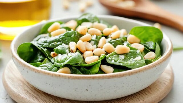 Fresh Spinach and Pine Nuts Salad: A vibrant and healthy spinach salad, adorned with toasted pine nuts, presented in a ceramic bowl.