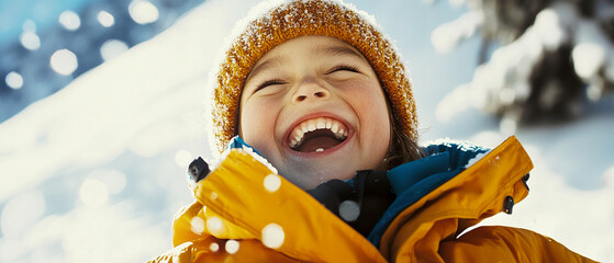  Close-up of a happy child in a yellow jacket enjoying snow at a mountain resort. Joyful winter moment symbolizing childhood, family, and emotional connection.