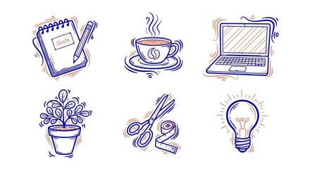 Hand-drawn icons of creative tools and office essentials with minimalistic style