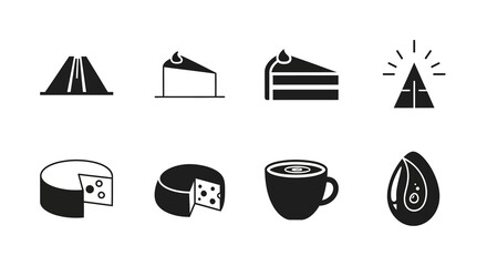 Minimalist food icons: cake, cheese, coffee, and pie in black and white