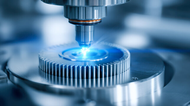 Precision laser cutting process in advanced manufacturing with high-tech equipment shaping a metallic gear component for industrial machinery applications - Powered by Adobe