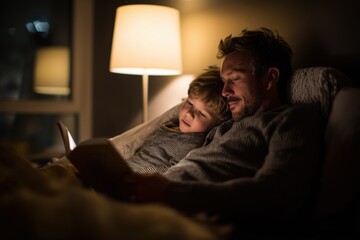 Fototapeta premium Father reading a bedtime story to his son on a cozy evening in a softly lit room