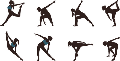 Yoga silhouette illustration set, teal sports bra poses, balance flexibility strength icons, vector bundle, graphic wellness design pack