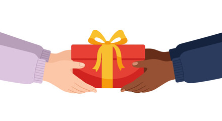 Diverse hands exchanging gift box with ribbon in minimalist style