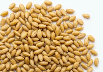 Isolated macro view of plump golden whole grain kernels scattered uniformly on a pure white surface, emphasizing texture and natural quality, baking, ingredient background, food
